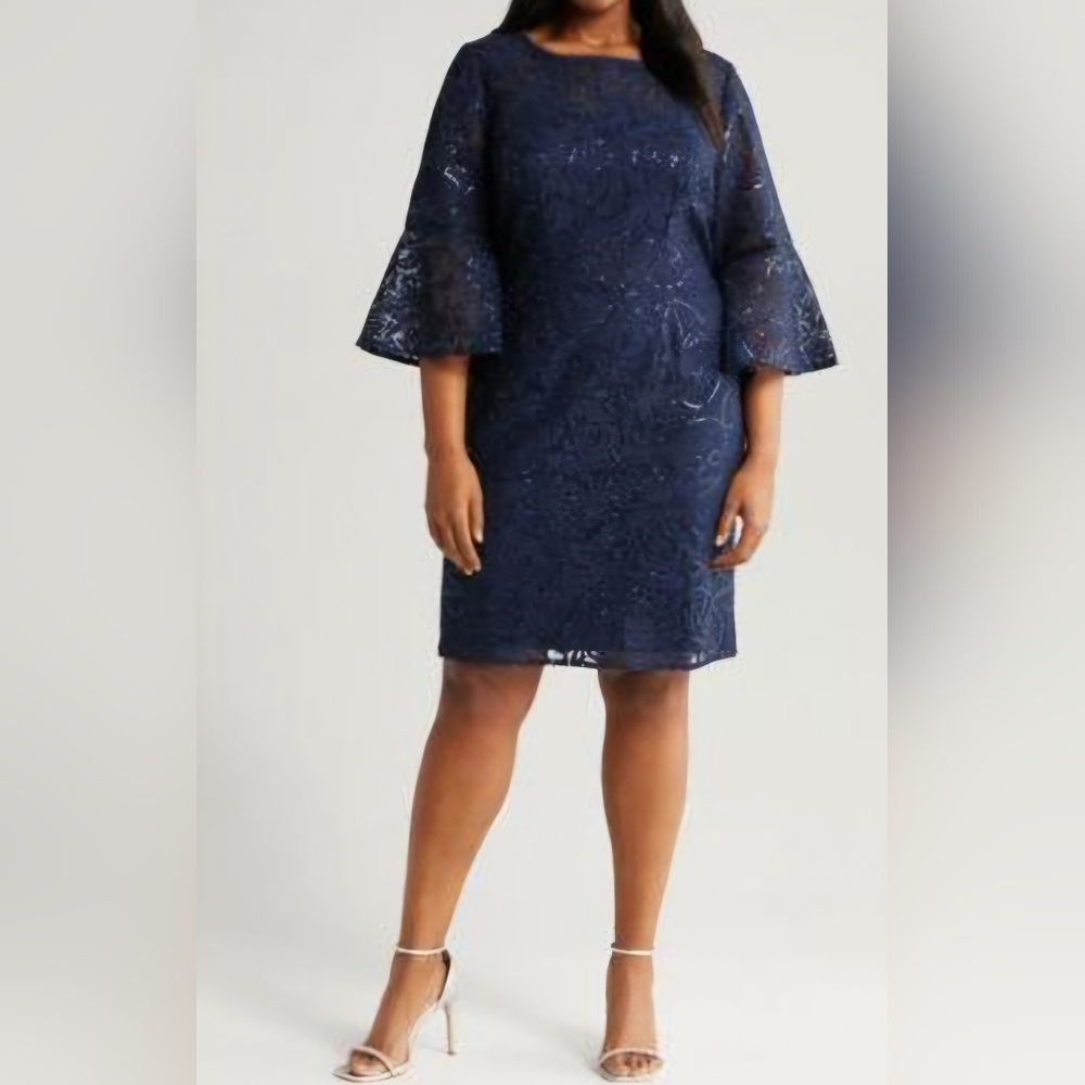 Alex Evenings Plus Size Sequined Lace Sheath Dress - Navy
